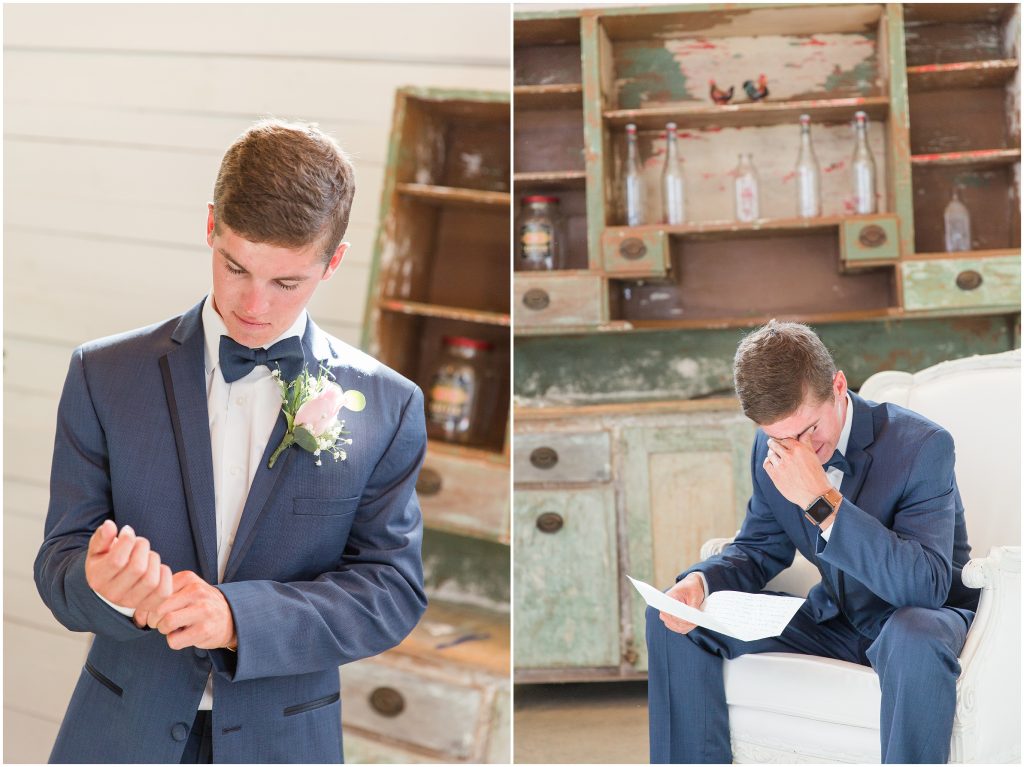 Groom reading letter crying Wildberry Farm Wedding Day