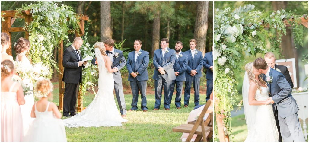 Bride and Groom kiss on lawn Ceremony at Wildberry Farms Wedding