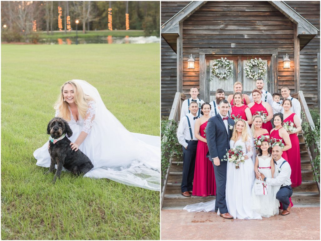 Bride with dog and bridal party in front of church Hidden Acres Weddings