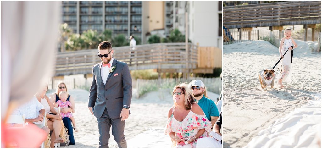 Groom walking on beach for wedding