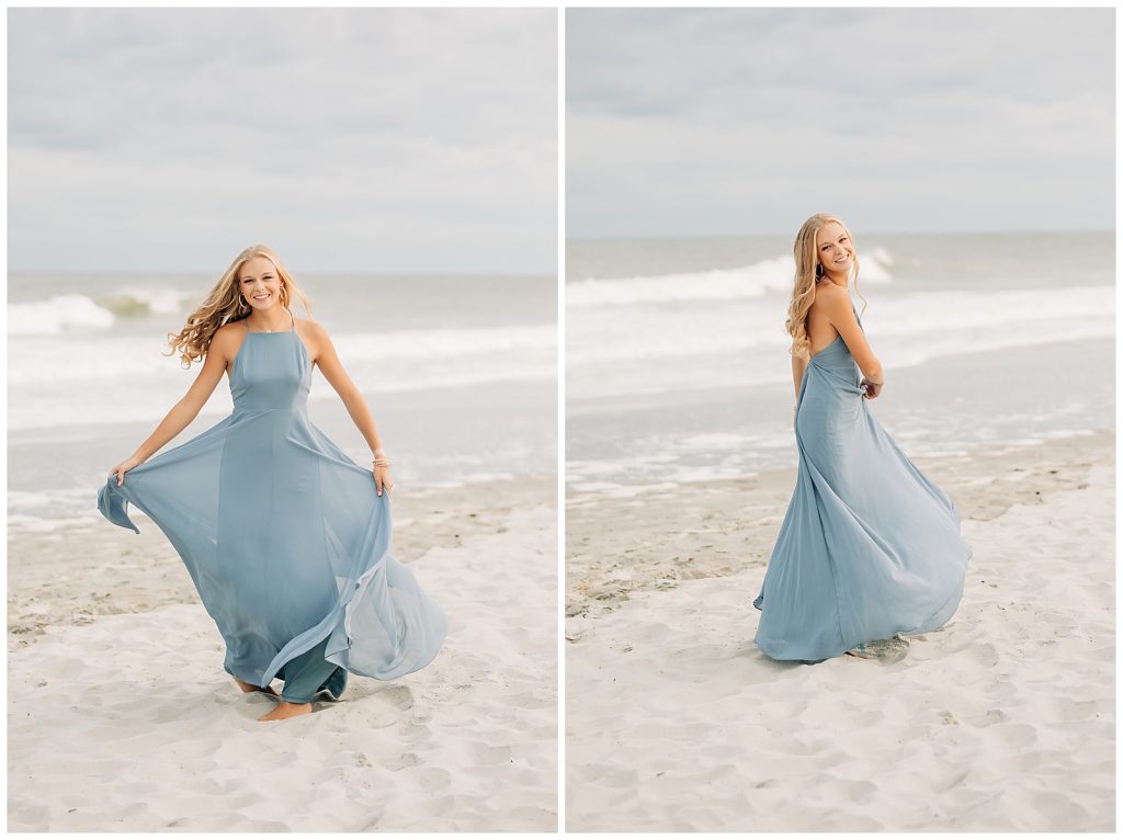 Myrtle Beach Senior Photos of girl twirling on the beach in blue dress