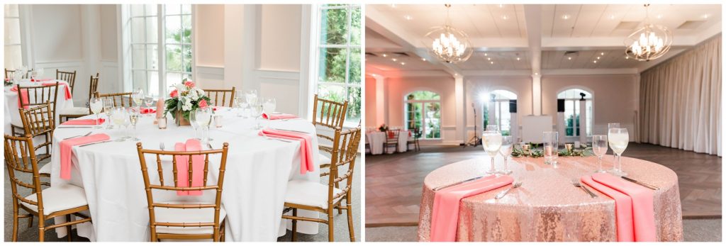 Pink, Coral and glitter reception area at 21 Main Events 