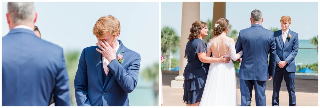 Groom crying when he sees bride Grande Dunes Beach Wedding
