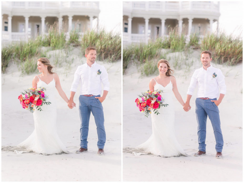 bride and groom on beach with colorful florals