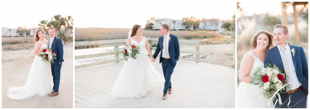 bride and groom posing marsh in Murrells Inlet SC