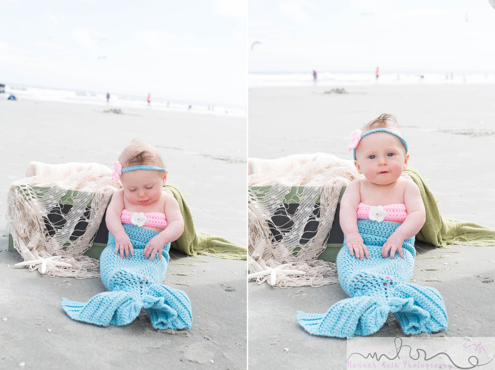 baby in mermaid outfit on beach