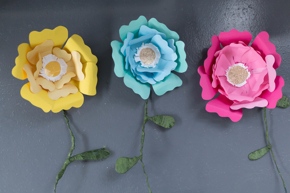 DIY Paper Flowers Prop, yellow blue and pink.