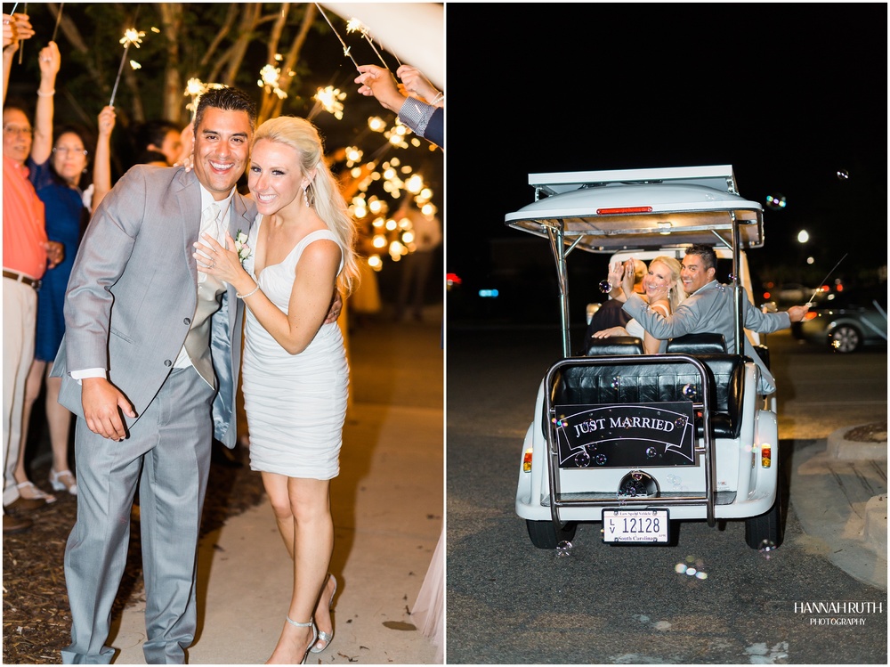sparkler exit and golf cart wedding exit