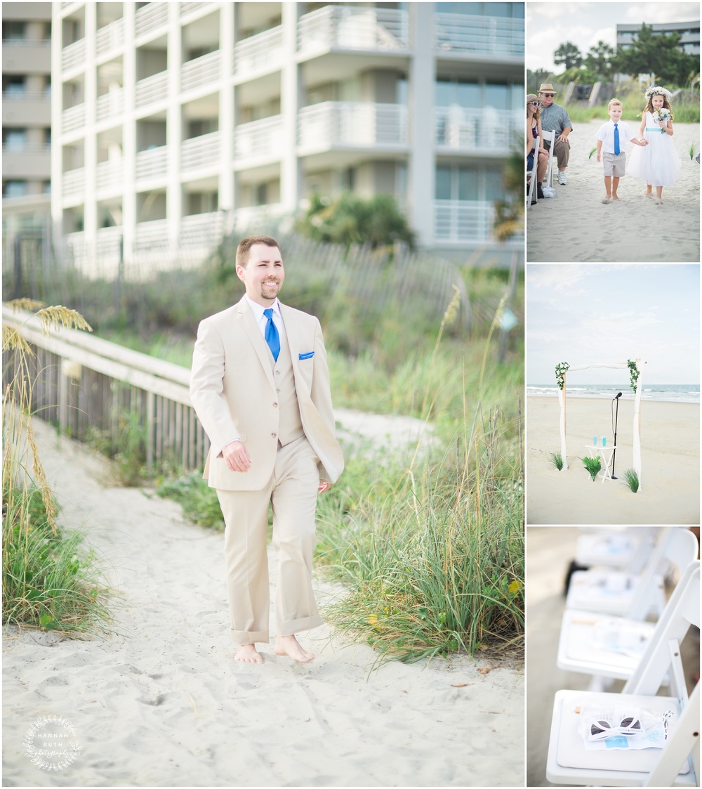 Groom walking on beach to wedding