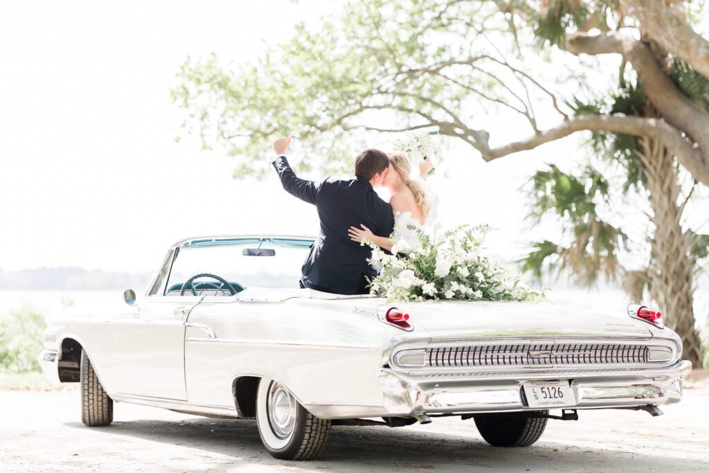 Bride and Groom at wedding in Charleston south Carolina in vintage car