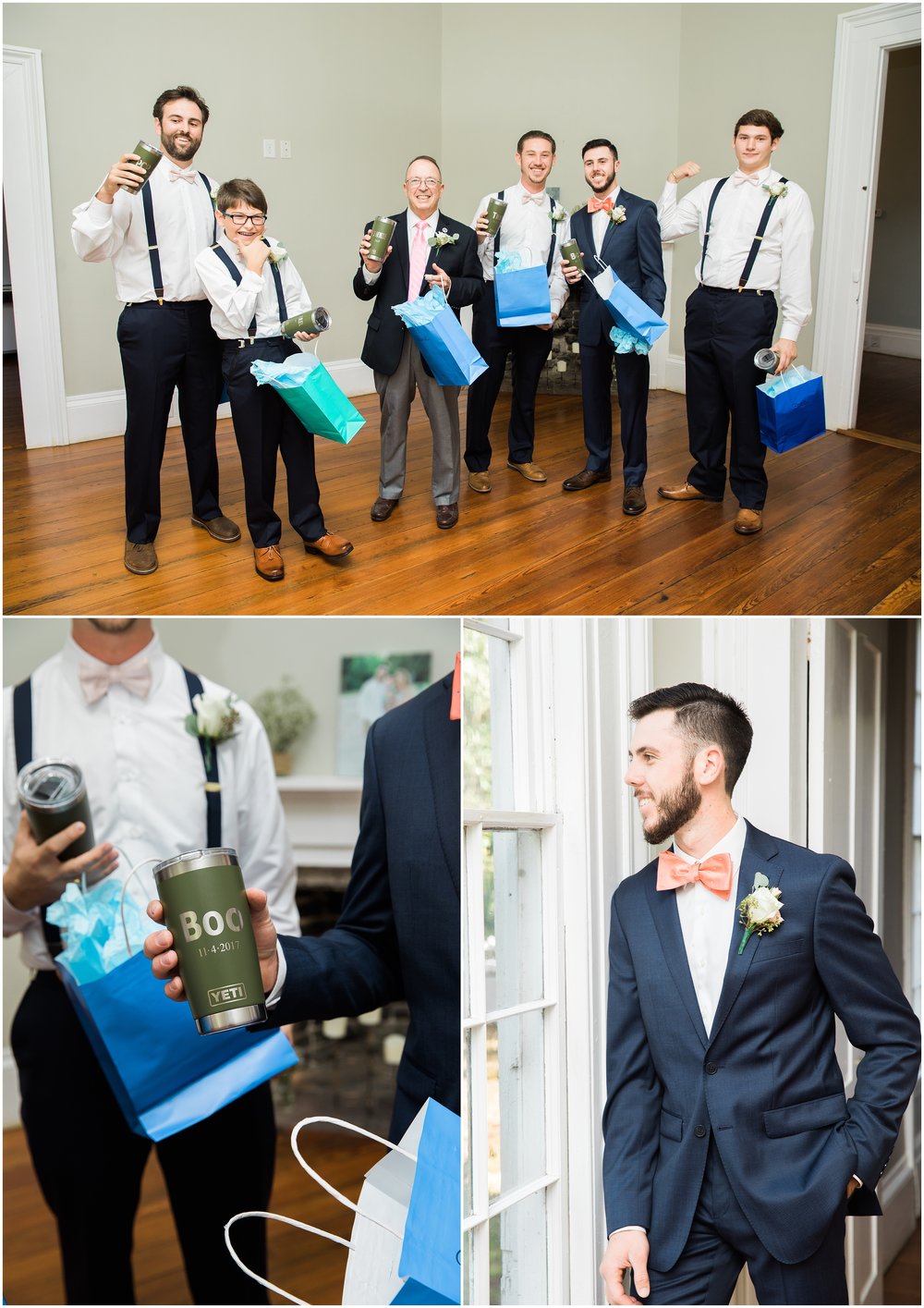Groomsmen with gifts on wedding day at Sunnyside Plantation