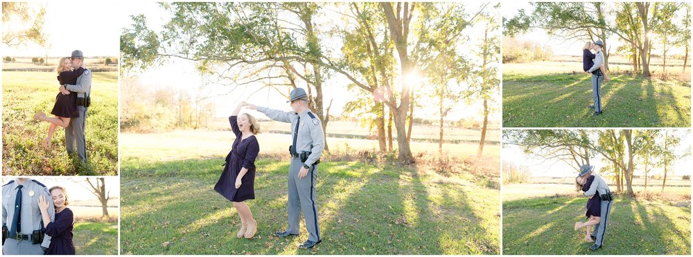 Beautiful Engagement Session man in uniform and golden light