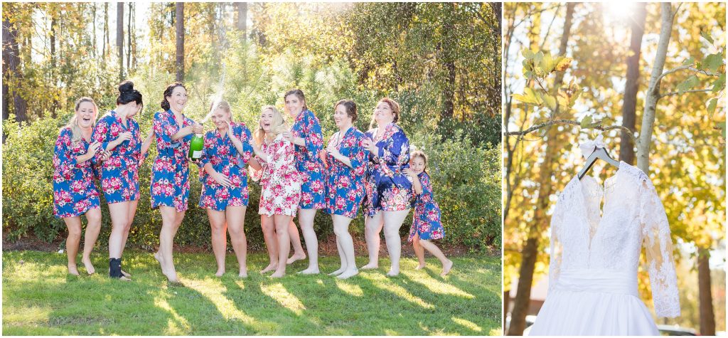 popping champaign in robes Hidden Acres Weddings