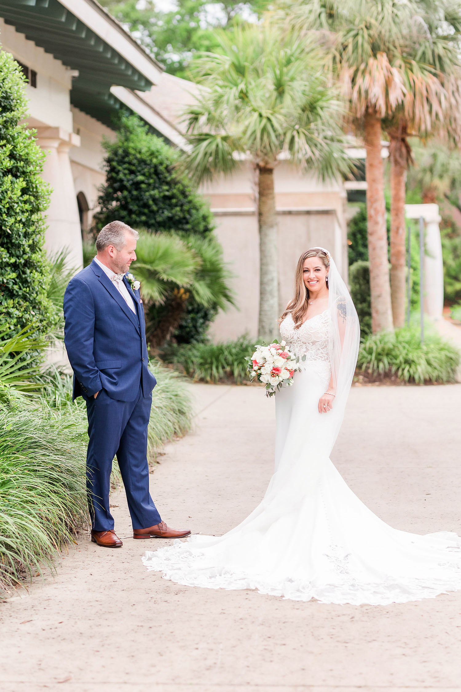 Navy blue suit with pretty bride