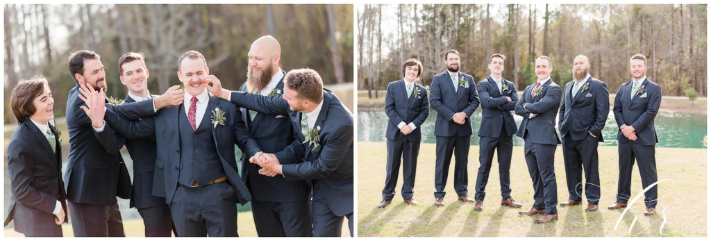 groomsmen posing on wedding day outside Hidden Acres Weddings