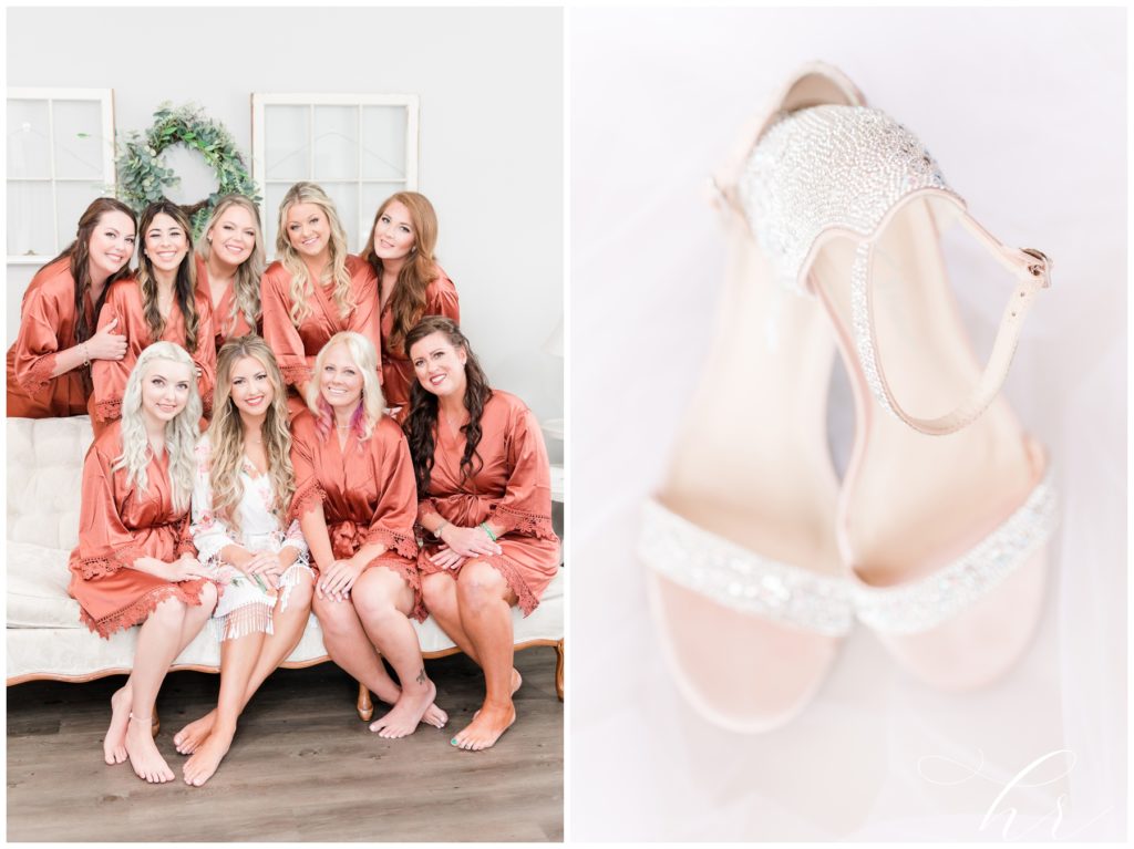 Wedding and Bridal Party on wedding day, shoes of bride.