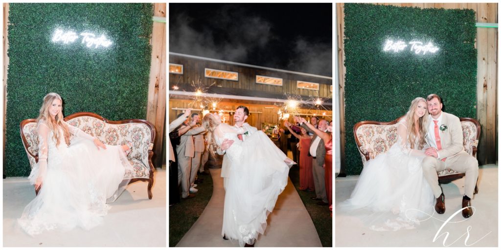 Bride and groom sparkler exit on wedding day. Blessed Barn Weddings