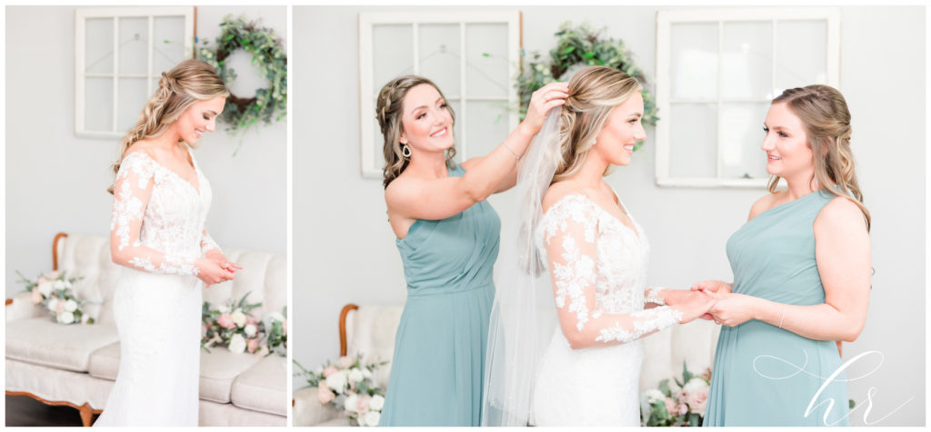 Bride and bridesmaids doing final touches to the beautiful bride on her wedding day at the blessed barn. 