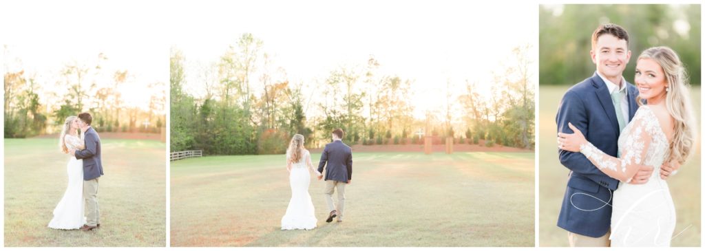 Bride and groom walking and kissing during golden hour on their wedding day at the blessed barn. 