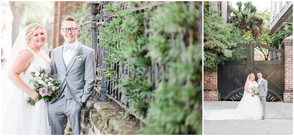 Bride and groom portraits on wedding day in downtown Charleston