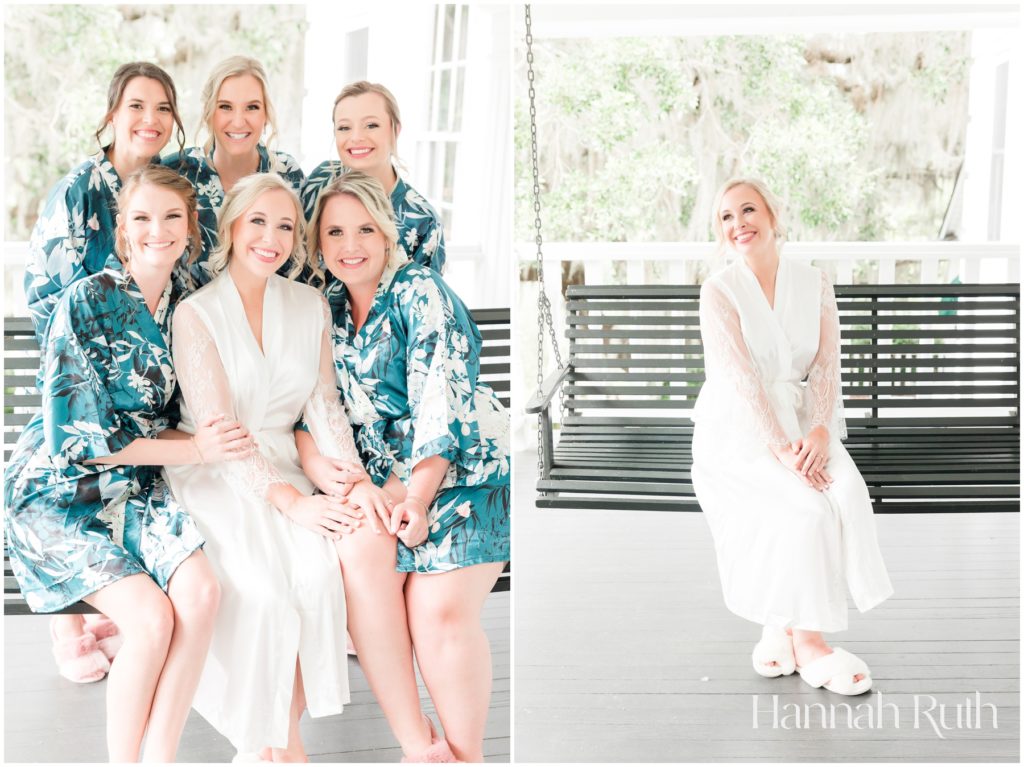 bridal party in robes posing Heritage Plantation Weddings