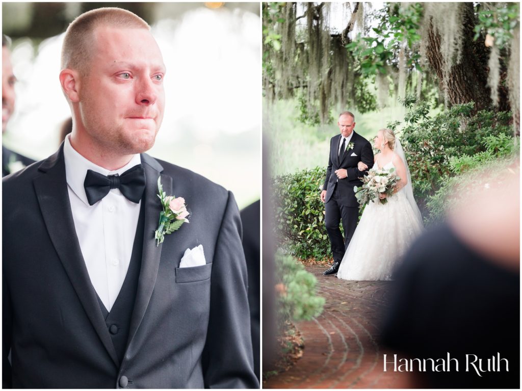 father walks daughter up aisle on wedding day with groom crying.