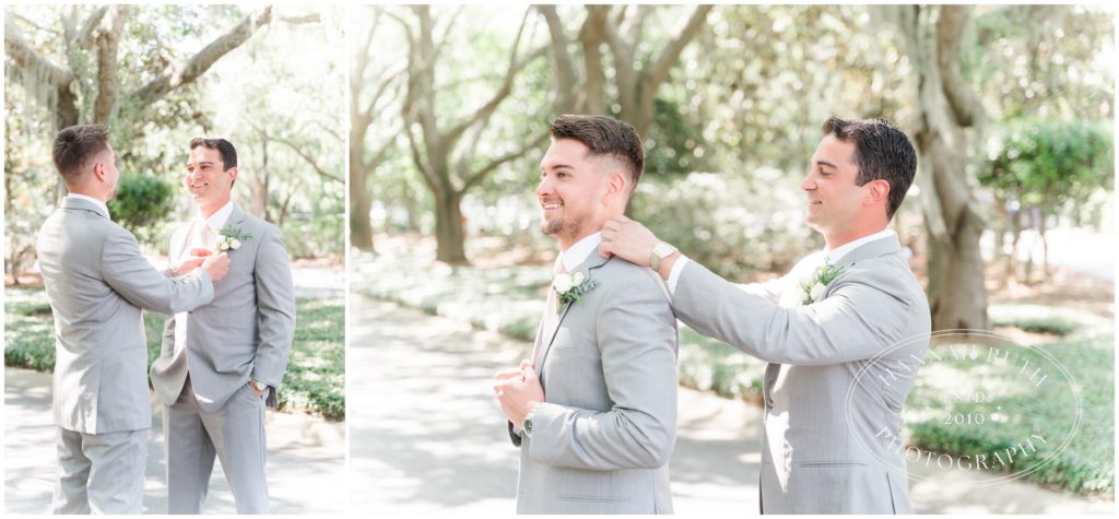 handsome groomsmen on wedding day with live oaks