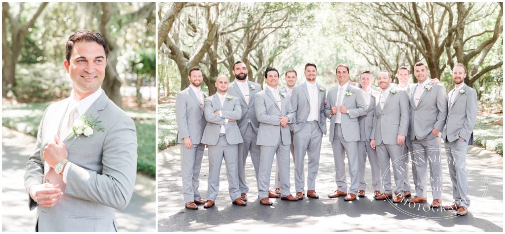 handsome groomsmen on wedding day with live oaks