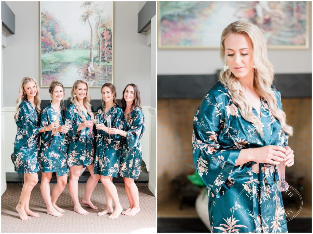 beautiful bride in blue robe with sister Surf Golf and Beach Club Wedding 