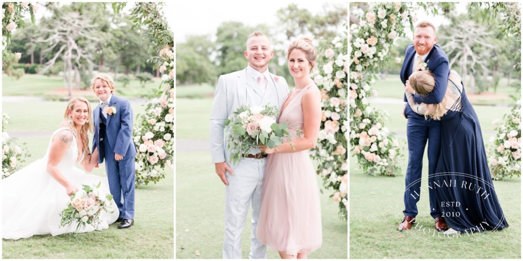 Pinks and green flower hexagon wedding ceremony at Surf Club