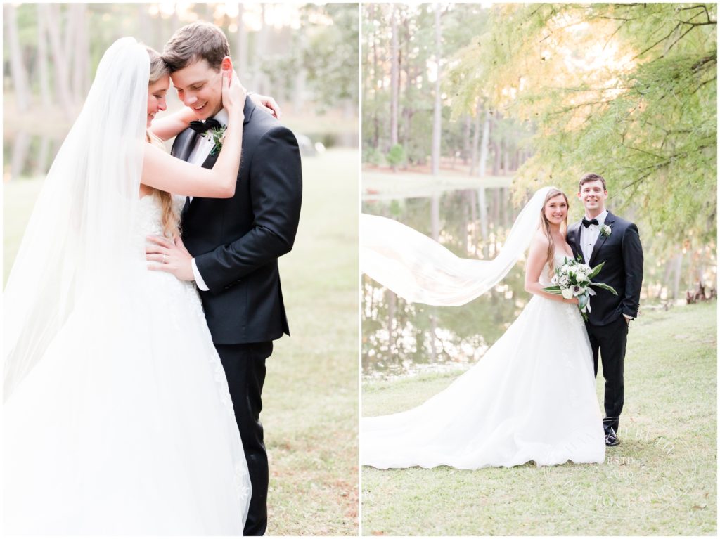 Romantic photo of bride and groom on wedding day- Brookgreen Gardens Wedding.