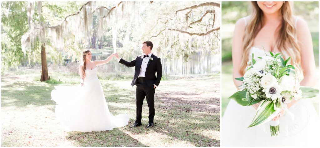 Romantic photos of bride and groom on wedding day -Brookgreen Gardens Wedding.