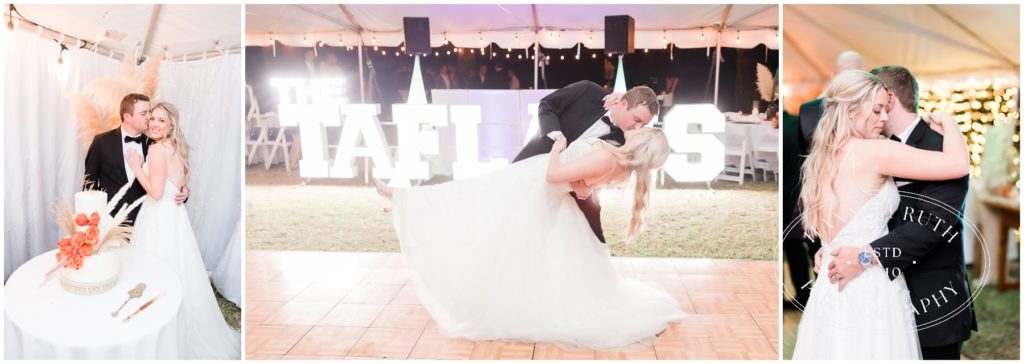 Bride and groom dancing on wedding day under tent.
