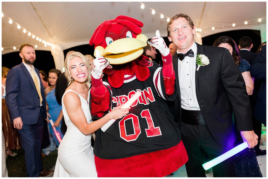 Bride and Groom with Mascot Cocky from South Carolina 