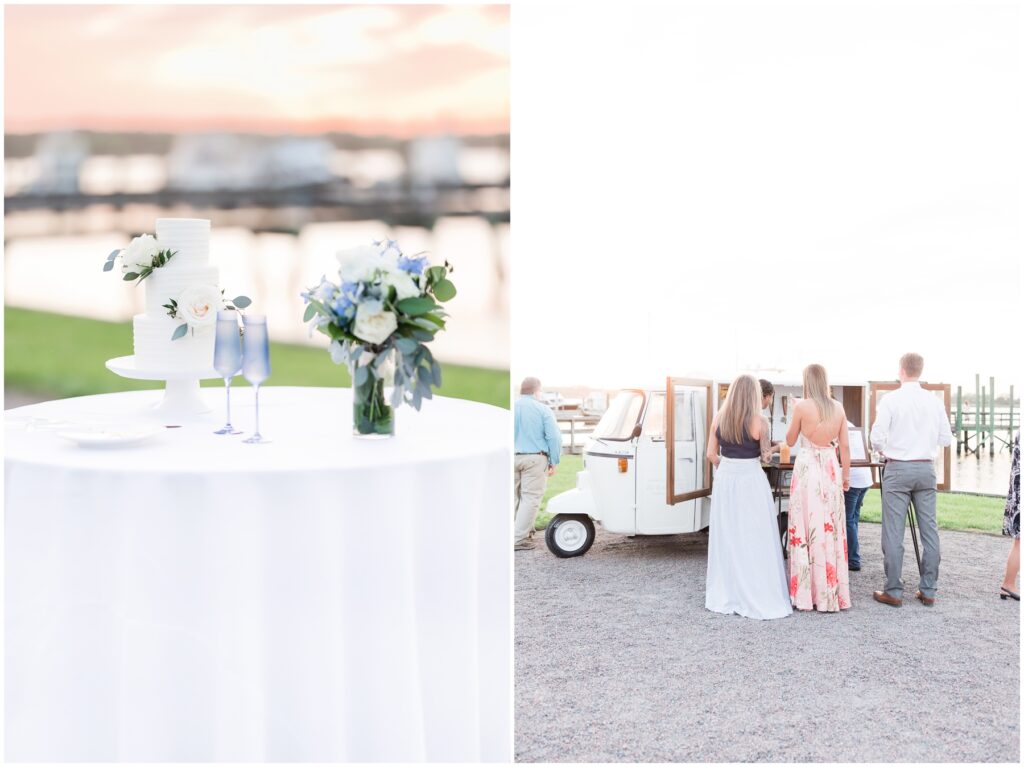 Golden light on wedding night  - cake and beer cart 