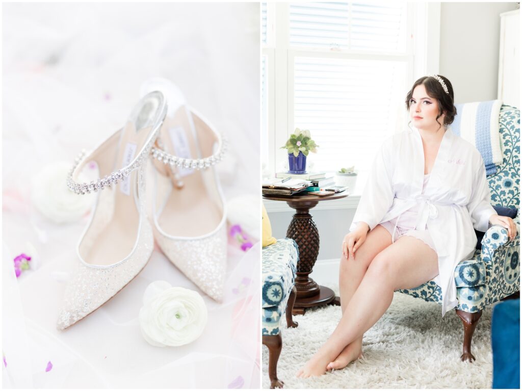 Jimmy Choo wedding shoes, bride in robe on wedding day - brookgreen gardens wedding photography 