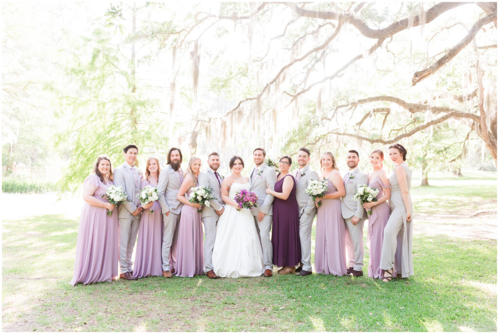Brookgreen Gardens wedding photography | Hannah Ruth Photography - Bridal party with purples and gray 