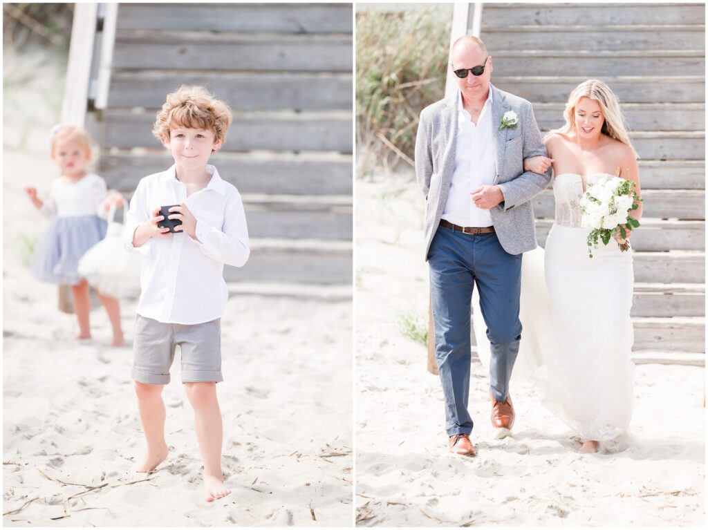 Bride walking down beach to get married in Ocean Isles Beach - Hannah Ruth Photography