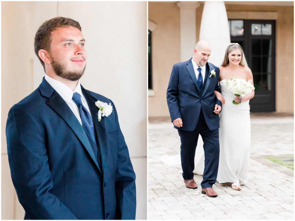 Bride walking down courtyard at 21 Main Events on wedding day - Groom seeing bride for the first time