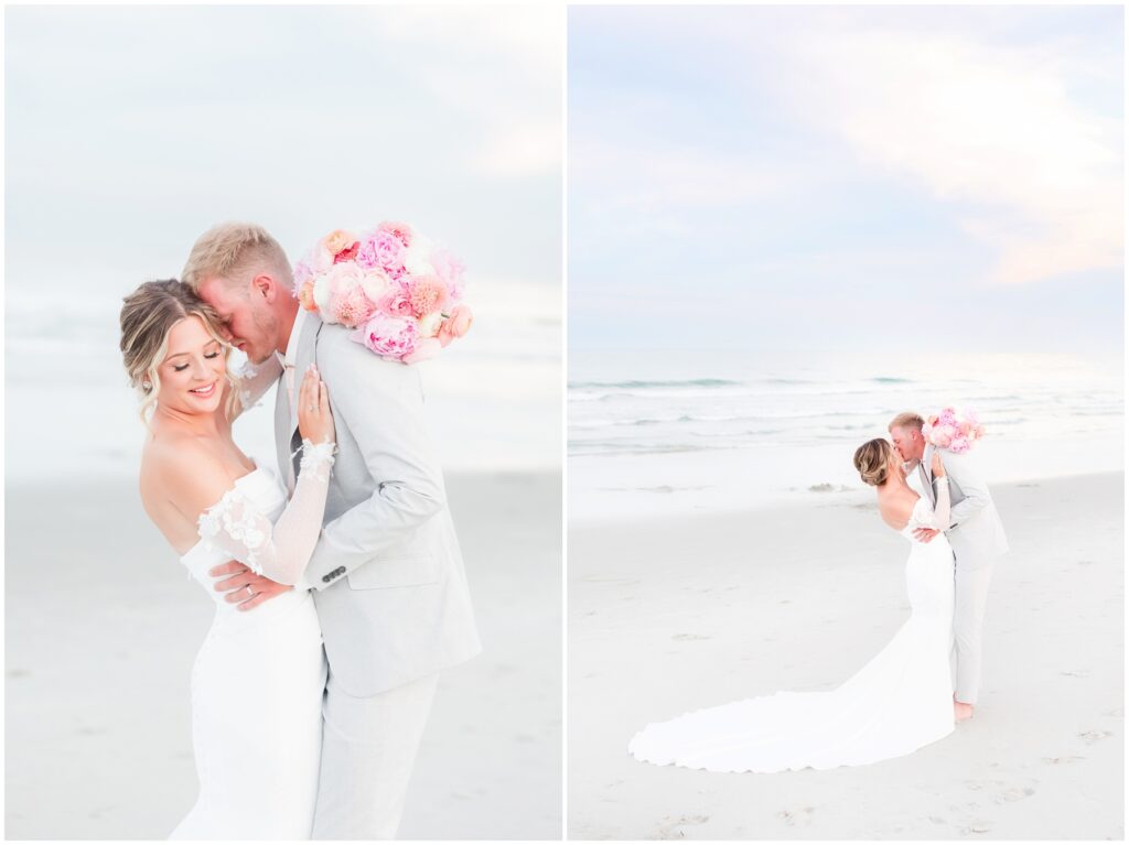 Bride and Groom on the beach. Intimate Myrtle Beach Weddings on the beach - cotton candy skies