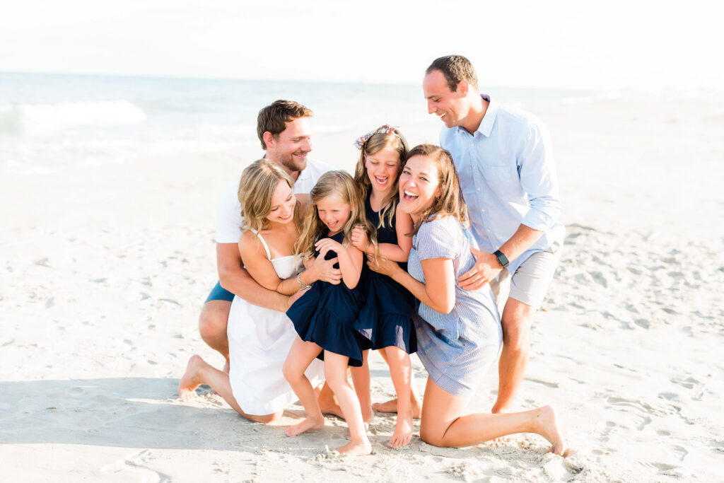 Family beach photos in harsh light 