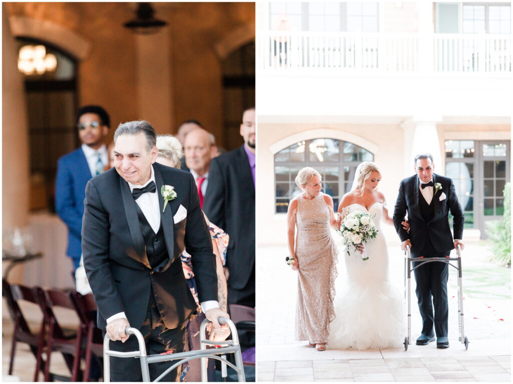 Emotional Father walking daughter down the aisle on wedding day. Courtyard wedding 