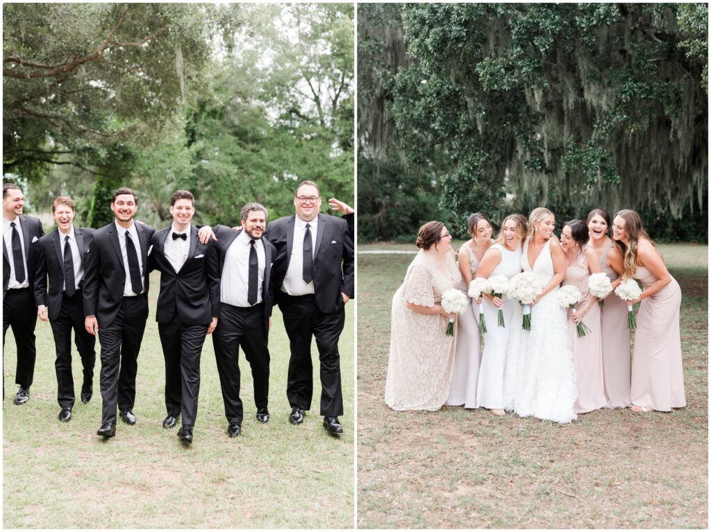 Bridal Party with live Oaks and moss trees 