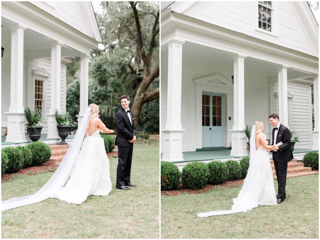 bride and groom first look at SunnySide Plantation in Murrells Inlet, South Carolina 