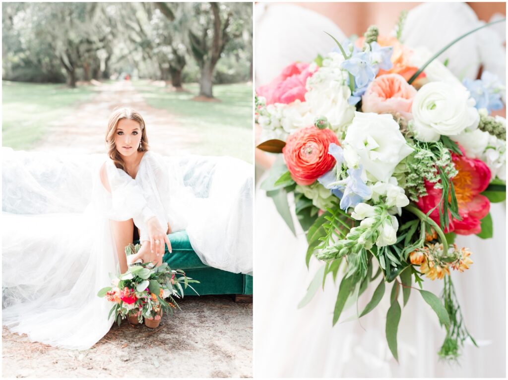 Pink and Blue floral arrangements - bride sitting on green couch 