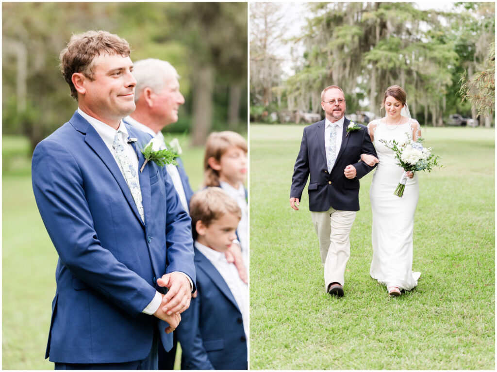 Groom sees Bride walk down the aisle on wedding day under Live Oaks 