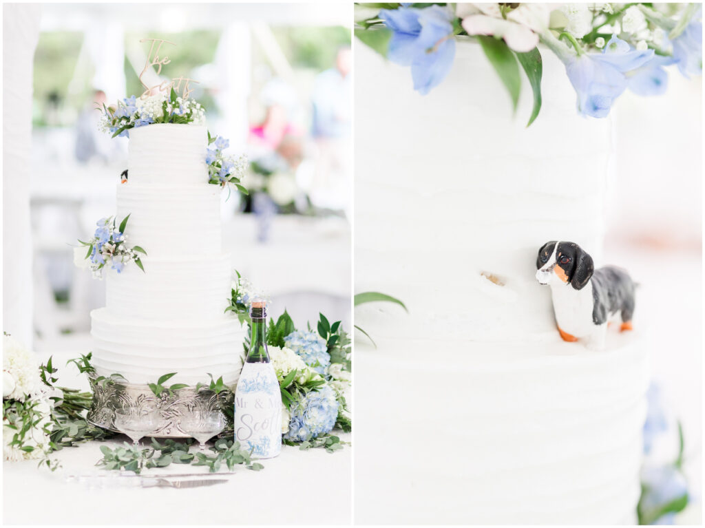 Dog eats the cake decor on wedding day under white tent 