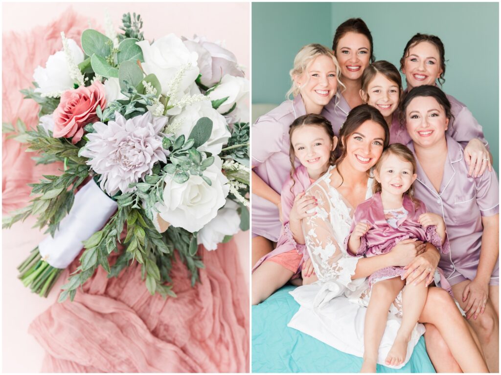 Bride and Bridesmaids on wedding day - Ocean Isle Weddings with purples and ivory 
