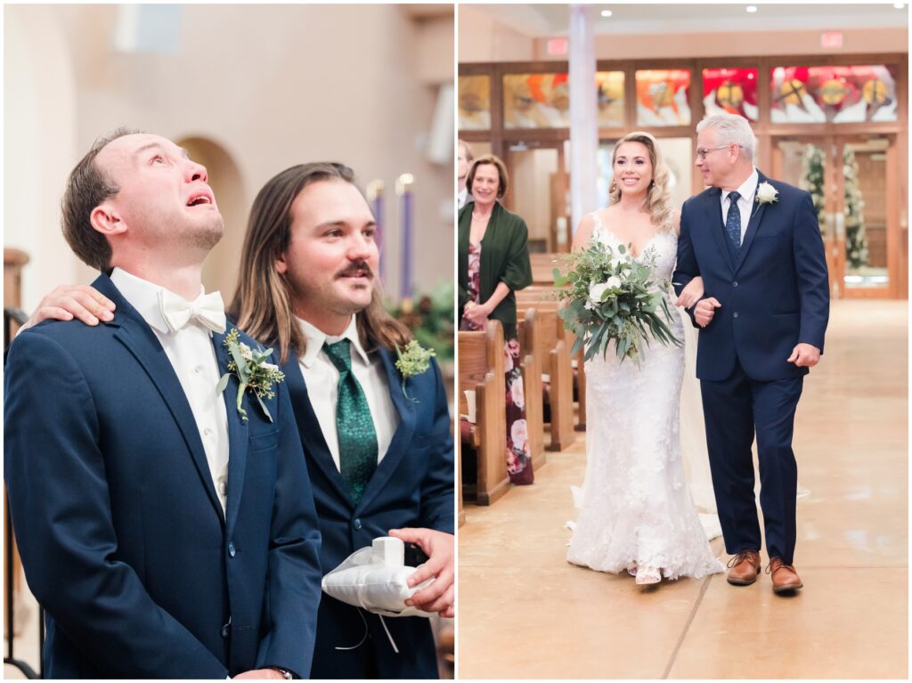 groom crying at church when he sees his beautiful bride