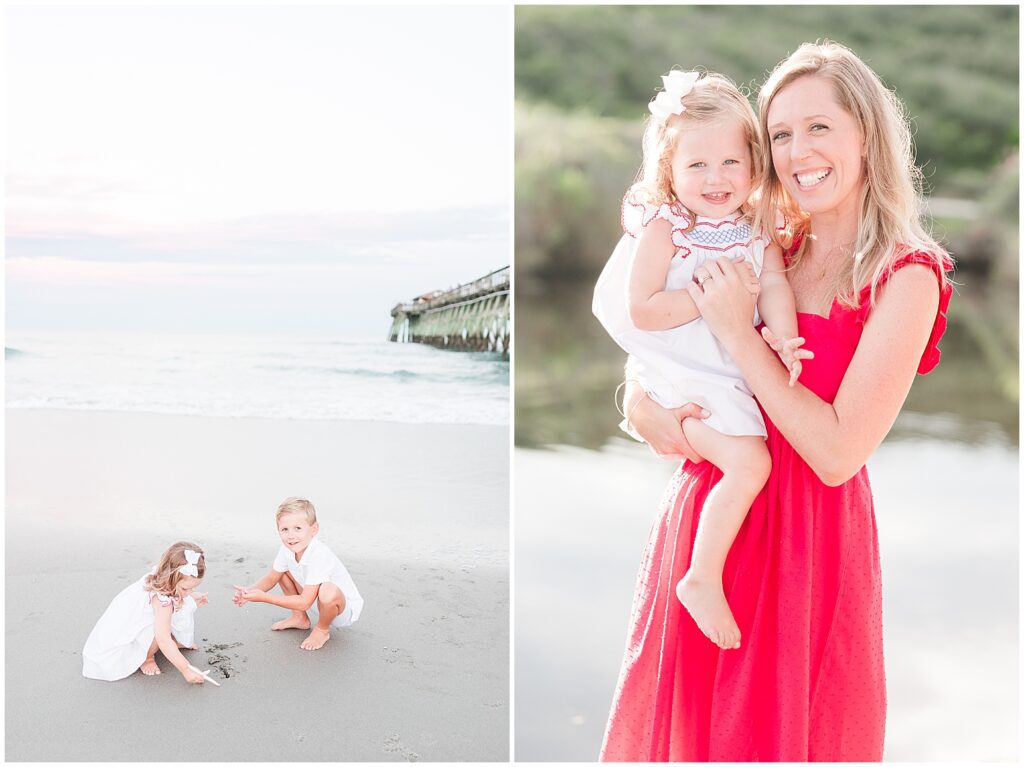 red dress on beach mom with kids photos
